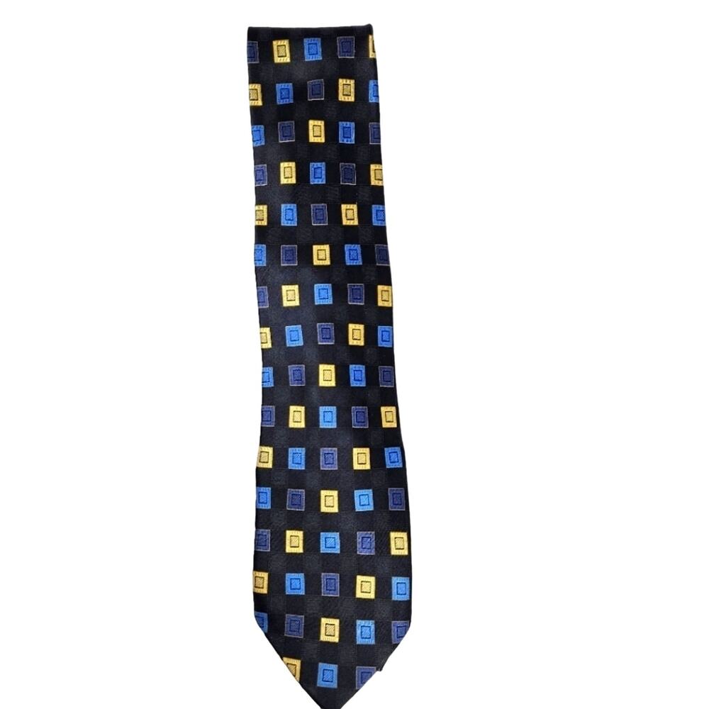 Kilburne and Finch Men's Black Blue Yellow 100% Silk Checkered Tie